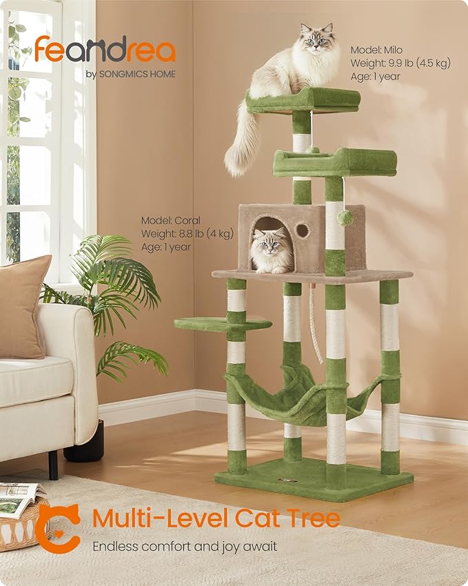 Feandrea Cat Tree, 55.8-Inch Cat Tower, Multi-Level Plush Condo with 11 Scratching Posts, 2 Perches, Hammock, Cave, Grass Green and Camel Brown UPCT015CB02