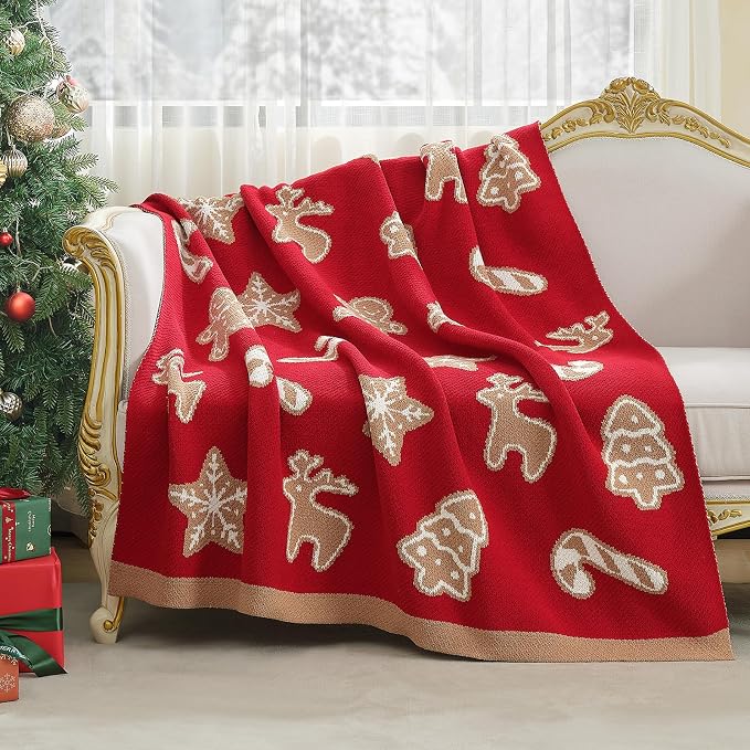 Christmas Knit Throw for Couch, Reversible Soft Cozy Chenille Blanket for Home Decor Gift for Family, 50" x 60", Christmas Gingerbread Cookie