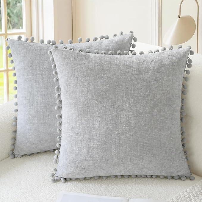 CaliTime Decorative Couch Throw Pillow Covers 20 X 20 Inches Moonbeam Gray | Pack of 2, Cozy Chenille Cushion Cases, with Pom Poms for Sofa Bed Living Room Farmhouse Home