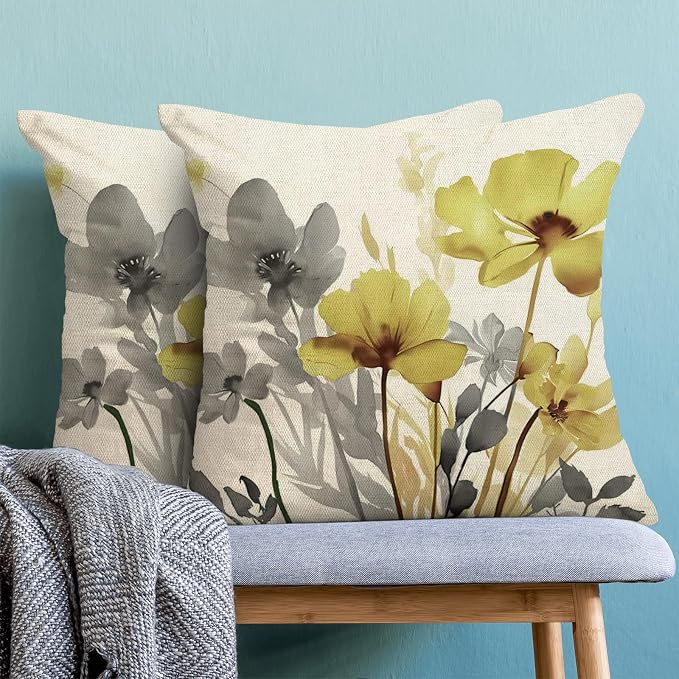 Spring Floral Pillow Covers 18x18 Inches Set of 2 Gray Yellow Floral Throw Pillow Covers Outdoor Rustic Summer Flower Decor Pillowcase Farmhouse Decorative Square Cushion Cover for Sofa Couch