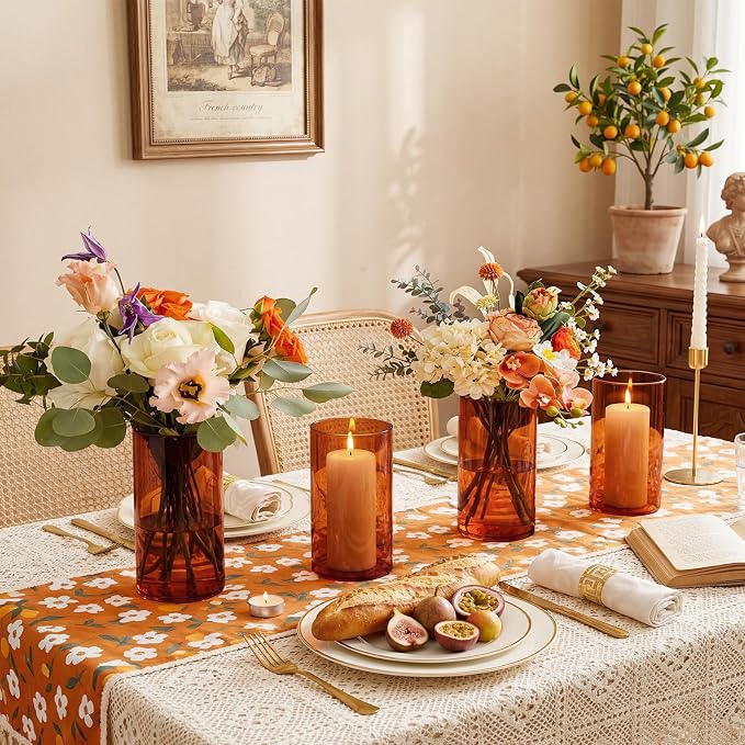 12pcs 6 Inch Amber Glass Cylinder Vases for Centerpieces | Flower Vases for Wedding, Home & Party Decor, Hurricane Floating Candle Holders for Table & Shelf