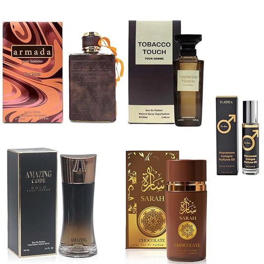 AFLUXE Men's Cologne Gift Set - Variety Pack of 4 Long Lasting Fragrances with 10ml Pheromone Cologne for Men Kit EDP/EDT (PHM-AmazCG/TobacoToch/SarahCho/Armada)