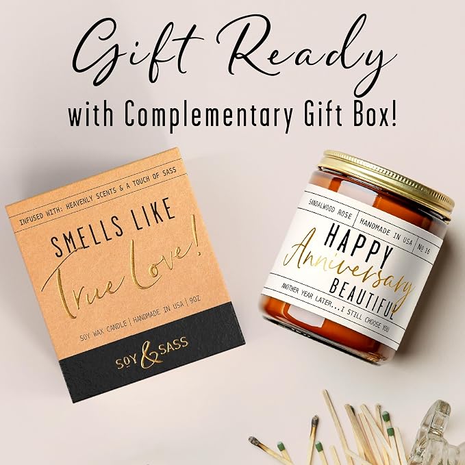 Anniversary Gifts for Women - 'Happy Anniversary Beautiful' Candle, w/Sandalwood Rose - infused w/Essential Oils I Happy Anniversary Gifts for Her I Anniversary Gifts for Wife I 50Hr Burn, USA Made