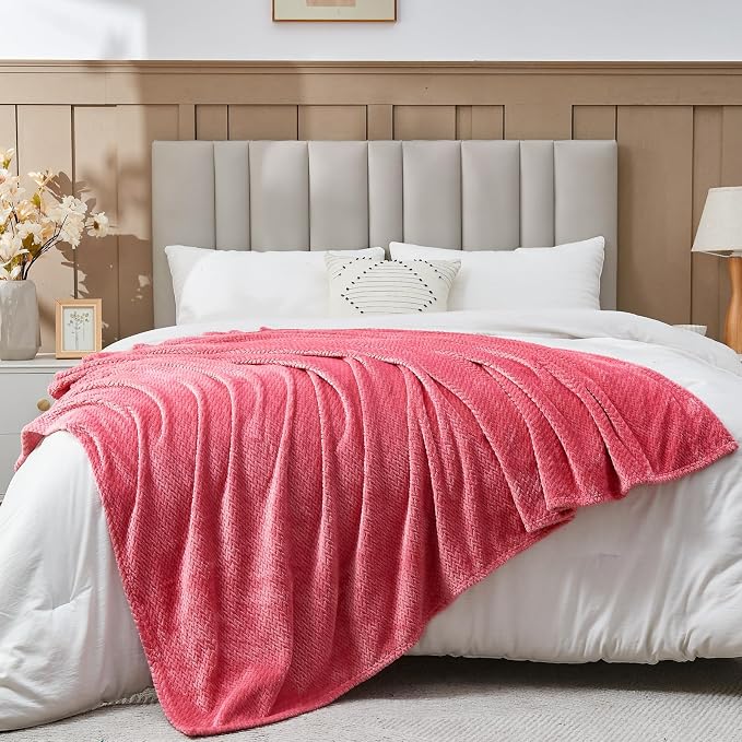 NEWCOSPLAY Fleece Leaves Pattern Throw Blanket, Coral Pink, 50"x60" | Super Soft Throw Blanket, Lightweight Cozy Bed Sofa Blanket, Premium Silky Flannel Fleece, Travel Blanket for All Season Use