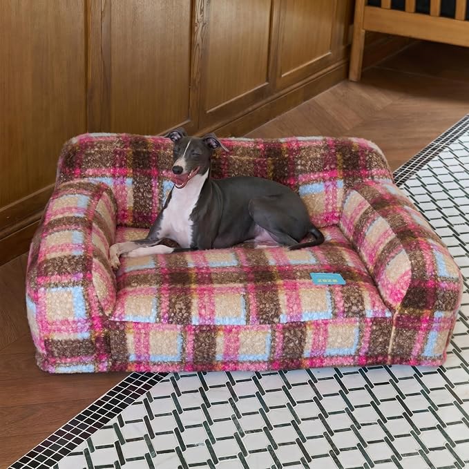 ZEZE Vintage Furniture Style Sofa Pet Bed - Washable Plush Dog & Cat Couch, Retro Style Pet Furniture, Soft Cozy Support for Pets (Large, Pink Plus)