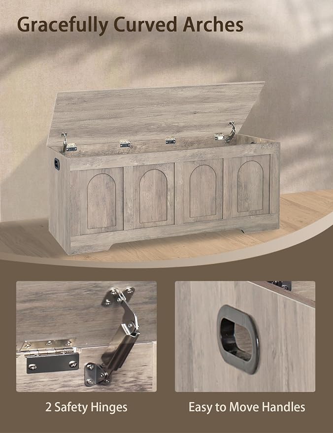 Storage Chest, Wooden Toy Box, Greige 50.0" L | Extra Large Storage Bench, 2 Soft-close Hinges, Finger-safe Flip-Top Lid, Easy Assembly, Farmhouse Trunk, Living Room/Bedroom