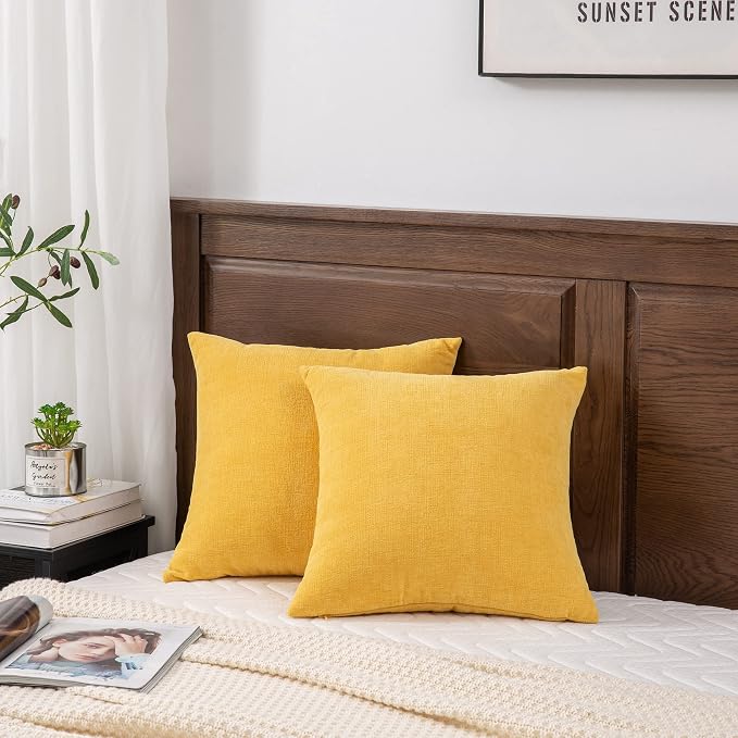 GAWAMAY Decorative Chenille Throw Pillow Covers 26x26 Inch Pack of 2, Soft Square Couch Pillow Cover for Sofa Cushion Living Room Bedroom Solid Dyed Oversized Pillowcases Yellow 66x66cm (ONLY Covers)
