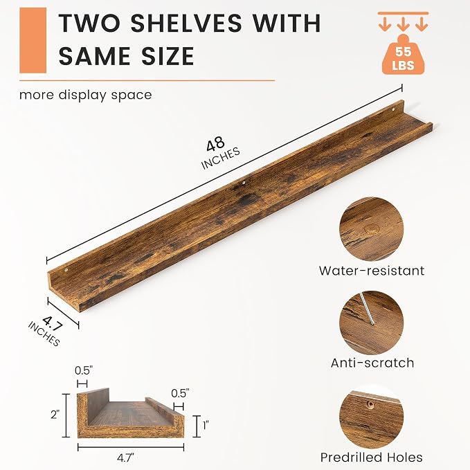 Picture Ledge Shelf, Floating Shelves for Wall, 48" W Set of 2, Brown | FSC Certified Engineered Wood, Wall Mounted Bookshelf, for Nursery Living Room Bedroom, Pre-Drilled, Easy Install