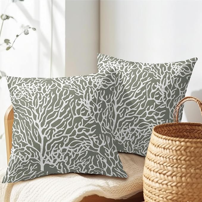 Nautical Coastal Coral Pillow Covers 16x16 Inch Set of 2 Summer Ocean Beach Sage Green Decorative Pillow Cases Outdoor Linen Cushion Cover Farmhouse Decor for Bedroom Home Sofa Couch Bed