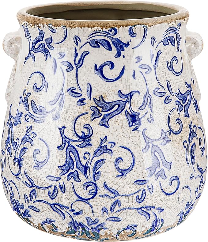 Ceramic Scroll Planter 6.5 Inch Chinoiserie Floral Vase with Drainage Holes Vintage Flower Vase Flower Pot Rustic Ceramic Pots for Indoor Plants Garden Home Bookshelf Decor(Blue Floral)