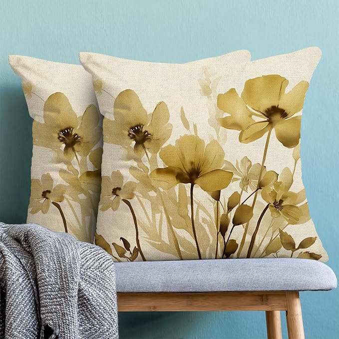 Spring Floral Pillow Covers 18x18 Inches Set of 2,Yellow Floral Throw Pillow Covers Outdoor Summer Flower Decoration Pillowcase Farmhouse Decorative Square Decor Cushion Cover for Couch Sofa