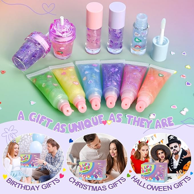 Jcoos 55PCS Lip Gloss Making Kit, Fun Lip Gloss Kit to Make Your Own Lip Gloss for Girls, Women, Teens with Moisturizing Lipgloss Base, Tubes, Pigments Lipgloss Set Christmas Gift for Women