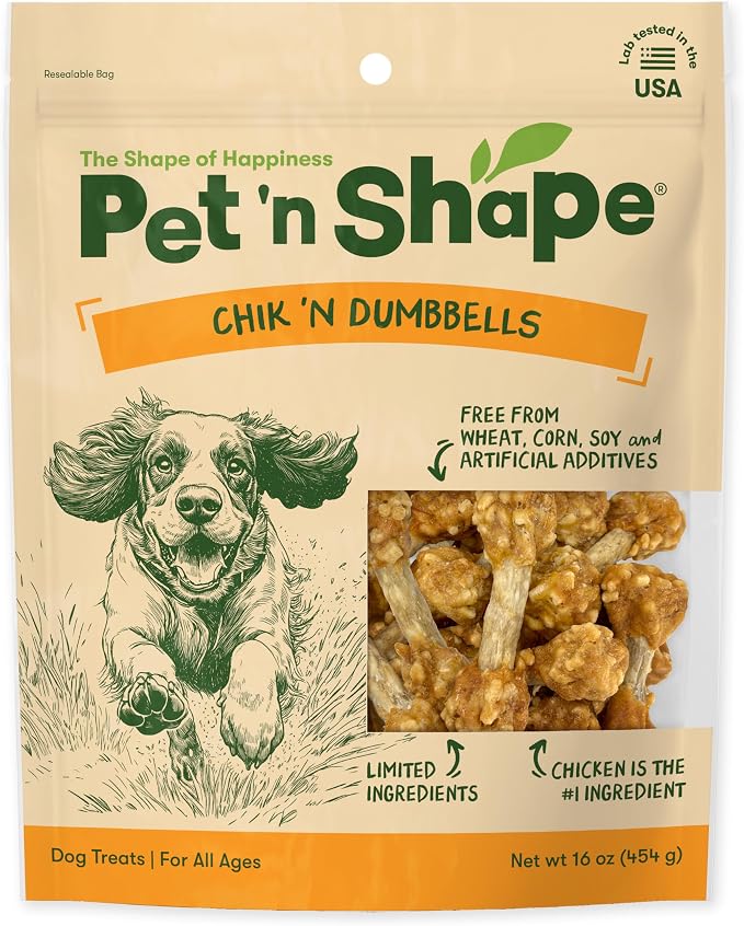 Pet 'n Shape Chik 'n Dumbbells: All-Natural, High-Protein Dog Treats; Limited Ingredient Chicken & Rice Chew for All Breeds, 32 Ounces | Premium chicken breast, Rice recipe, Limited ingredients, Wheat and soy free, Bite-sized snack, For all life stages