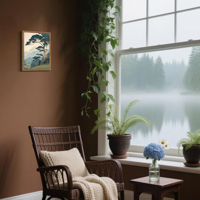 Vintage Japanese Forest Framed Canvas Wall Art – Tranquil Mountain Landscape Painting Print, Retro Nature Tree Scene Decor for Living Room Bedroom Nursery Office Home 12x16 inch