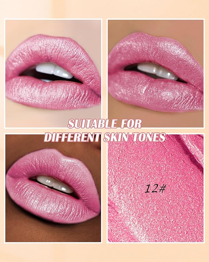Diamond Glitter Lipstick, Pink Shimmer Matte Metallic Lipstick, High Pigment Waterproof Long Lasting Lip Gloss, Shiny Non-Sticky Creamy Lip Stain, Christmas Lip Makeup Festival Gift for Women Girl-12