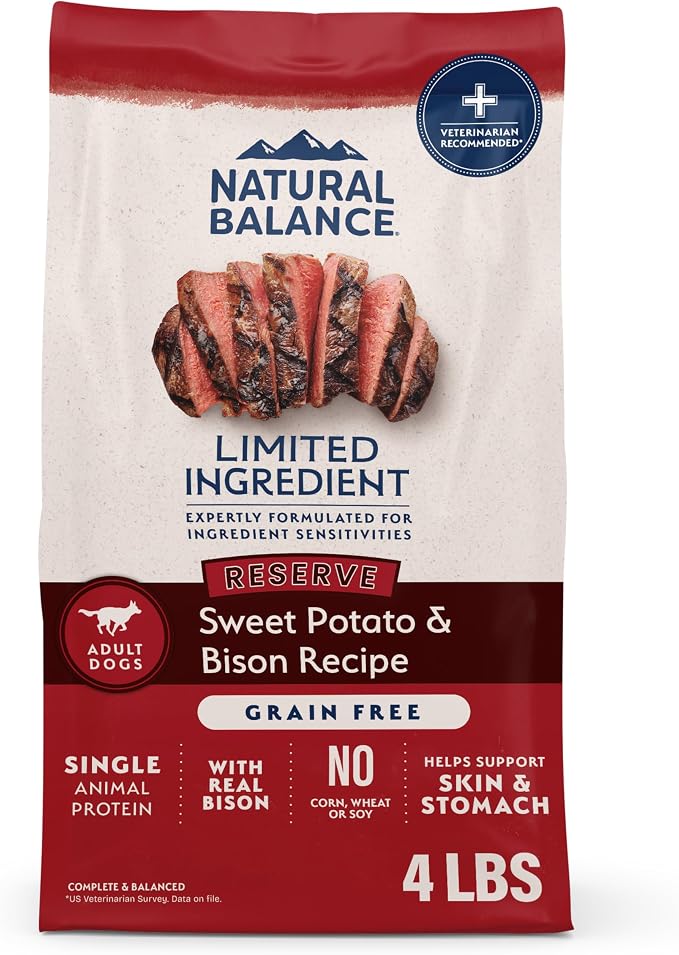 Natural Balance Limited Ingredient Adult Dry Dog Food - Balanced Nutrition for Adult Dogs - Grain-Free, Soy-Free Recipe - Limited Ingredient Formula - 4 lb - Reserve Sweet Potato & Bison Recipe