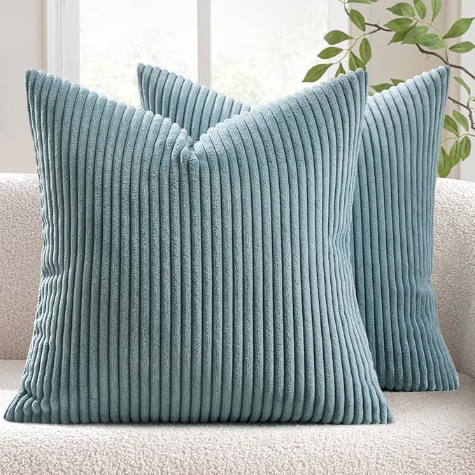 MIULEE Decorative Corduroy Throw Pillow Covers Set of 2 20x20 Smoky Blue | Soft Striped Textured Cushion Cases, Boho Coastal Square Pillowcases for Home Decor, for Couch Chair Sofa Bed Living Room