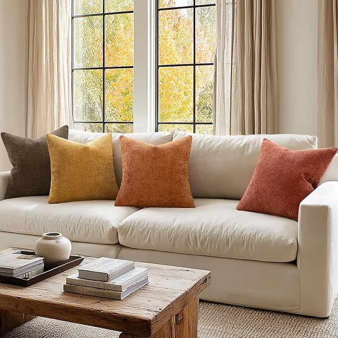 MIULEE Decorative Chenille Fall Pillow Covers Orange Brown 18x18 Pack of 4 | Rustic Decor, Autumn Harvest Orange Collection, Couch Throw Pillows, Farmhouse Boho Cushion Covers for Sofa Bed Living Room