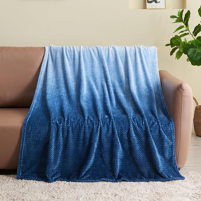 NEWCOSPLAY Fleece Leaves Pattern Throw Blanket, Ombre Blue, 50"x60" | Super Soft Throw Blanket, Lightweight Cozy Bed Sofa Blanket, Premium Silky Flannel Fleece, Travel Blanket for All Season Use