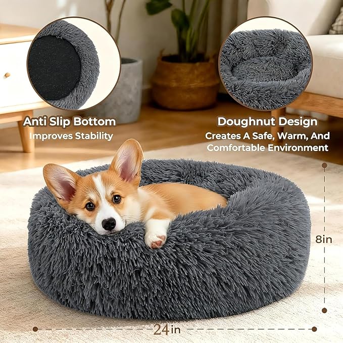 Calming Anti-Anxiety Donuts Dog And Cat Bed, Round Fluffy Soft Washable Small Medium Pet Bed For Puppy And Kitten, Cuddler Warming Comfortable Luxury Anti-Slip Waterproof Mute Base 24in Dark Gray