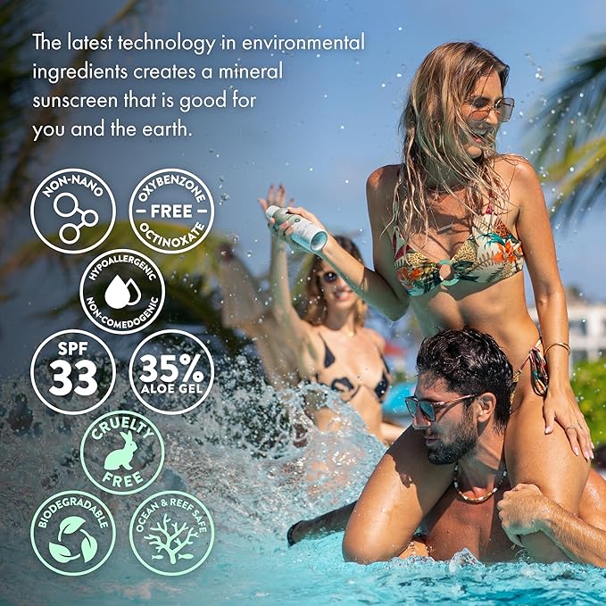 Aloe Up Mineral Sunscreen Lotion SPF 33 Broad Spectrum UVA/UVB Sunscreen Protector for Face and Body-With Gen2 Zinc Oxide and Aloe Vera Gel Dries Clear Reef Safe Coco-Mango Fragrance - 3 Oz