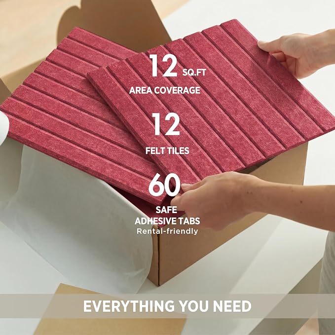Felt Bulletin Board Tiles 48"x36" - 12-Pack Cork Board Alternative, Oeko-TEX Certified, NRC 0.95 Acoustic Wall Panels, Damage-Free Adhesive, Slatted Design, Home Office & Classroom (Burgundy)