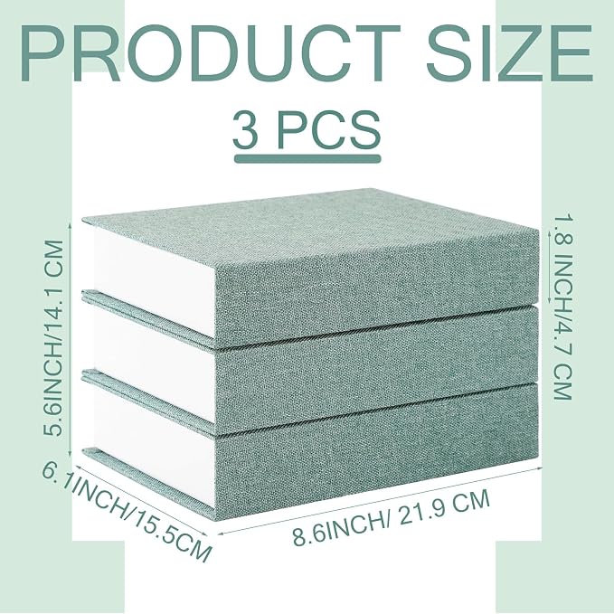 Tioncy 3 Pcs Decor Linen Faux Book Box Set Aesthetic DIY Fake Linen Book Box for Decor Storage Cafe Table Bookshelf Gift Home Keepsake(8.6 x 6.1 x 1.8 Inch,Green)