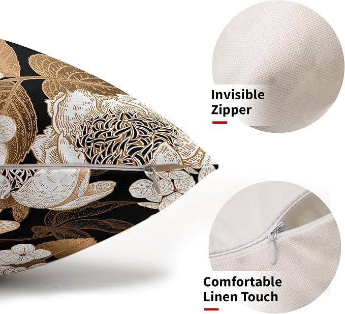 Vintage Floral Lumbar Pillow Covers 12X20 Inch Set of 2 White Flowers Gold Leaves Botanical Decorative Pillow Cases Rustic Leaf Black Cotton Linen Cushion Case Farmhouse Home Decor For Sofa Couch