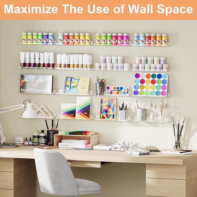 upsimples 14 Pcs 15" Acrylic Shelves for Wall Display and Storage, Clear | Transparent Design Highlights Skincare, Perfume, Easy-to-Find Versatile Floating Shelves for Bathroom, Bedroom and Playroom