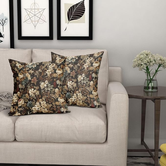 Deep Brown Vintage Floral Pillow Covers 16X16 Inch Set of 2 Boho Ivory White Flower Botanical Decorative Square Pillow Cases Rustic Bohemian Cushion Case Farmhouse Home Decor for Sofa Couch