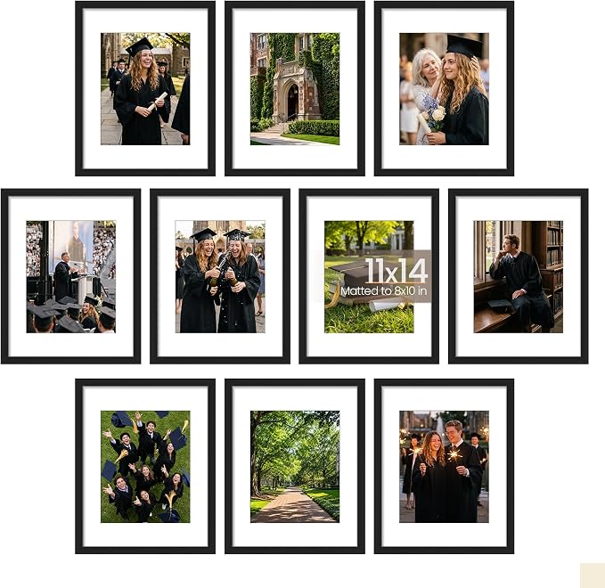 upsimples 11x14 Picture Frame Set of 10, Display Pictures 8x10 with Mat or 11x14 Without, Multi Photo Frames Collage for Wall Display, Black | Fit 8x10 with Mat and 11 x 14 Photos, Wall or Tabletop Display, For Gallery Hallway Living Room, For Christmas