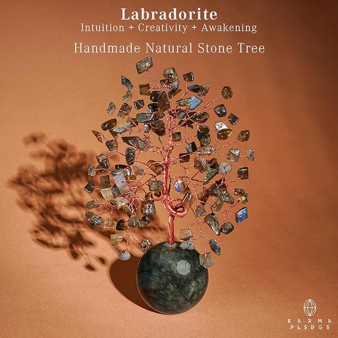 Crystal Tree of Life Birthday Gifts for Women, Handmade Home Decor, Office, Room Decoration, Labradorite Healing Crystal Chakra Tree for Money, Positivity, Reiki, Good Luck Gifts for Her, Mom & Dad