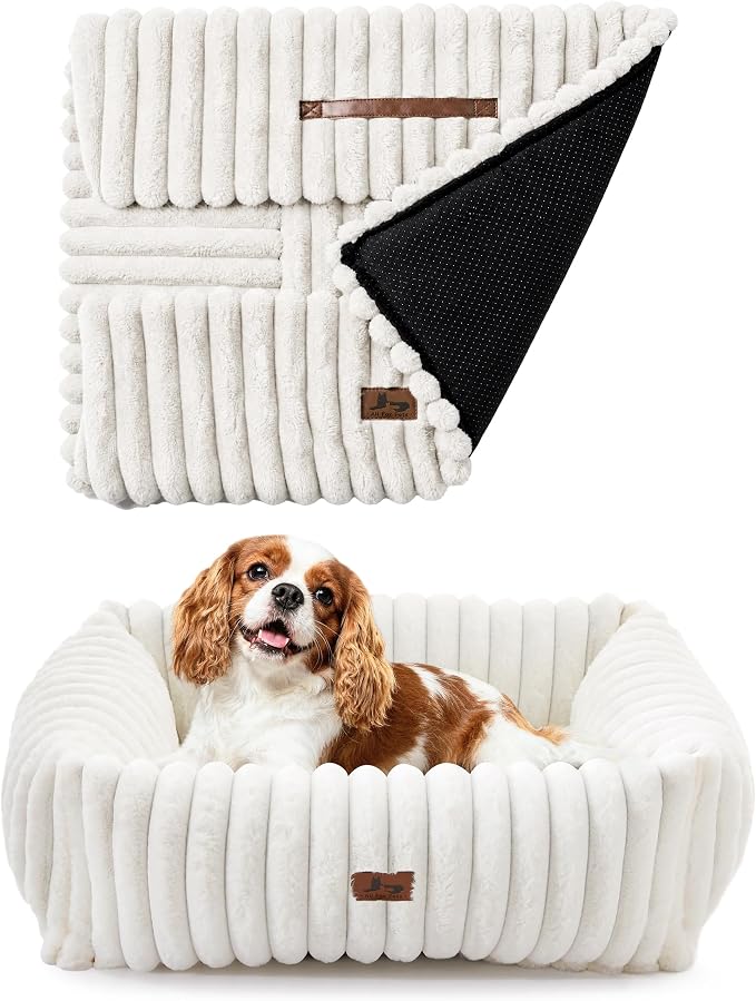 Washable Dog Bed for Small Medium Dogs, Rectangle Orthopedic Pet Bed with Removable Cover, Fluffy Memory Foam Dog Beds with Anti-Slip Bottom, Cream (25x21x7 inches)