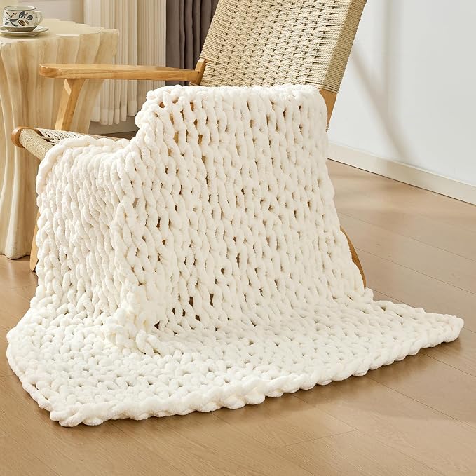 Bigacogo Chunky Knit Throw Blanket for Couch, 40x40 inches, Ivory | Hand Knit with Jumbo Chenille, Soft Breathable Cable Knit for Sofa Bed Living Room, Machine Washable, Gift for Mom Friend