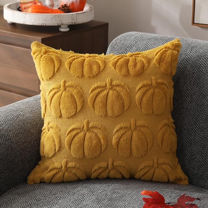 DFXSZ Fall Pillow Covers 18x18 2Pcs Yellow Pumpkin Fall Decoration for Home | Fall decor Set of 2 Throw Pillow Cases Soft Plush Faux Fur Wool Couch Cushion for Chair Sofa Bedroom Living Room Home Decor