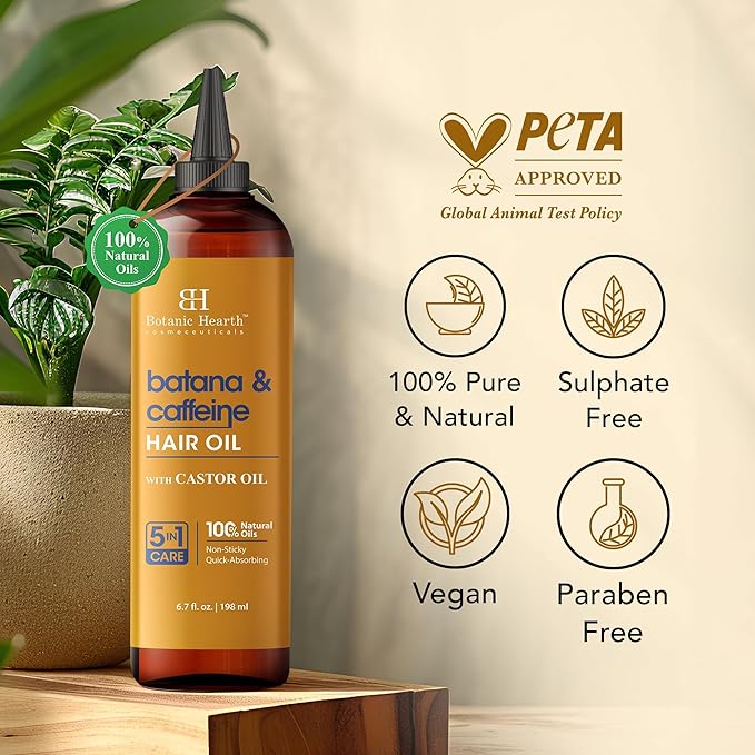 Botanic Hearth Hair Oil for Hair Growth & Hair Treatment Oils | Strengthening Dry, Frizzy, Damaged Hair & Scalp Treatment | Batana & Caffeine Hair Oil – 6.7 Fl Oz