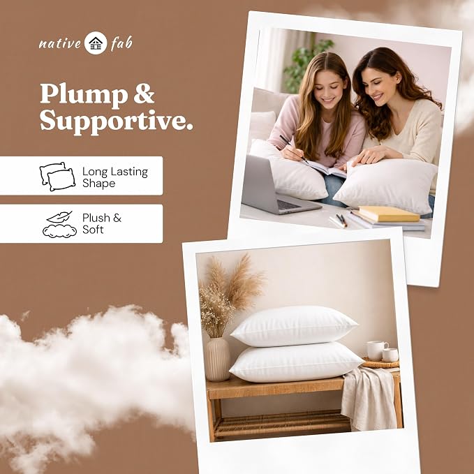 Native Fab Square Pillow Inserts, Pack of 2, 16x16 Inches, White Polyester, Soft Fluffy Cushion Fillers for Sofa, Bedroom, Lounge, Chair, Decorative Throw Pillows, Home Décor & Back Comfort