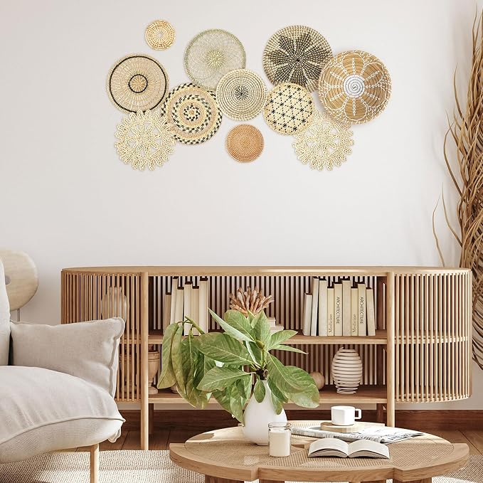 Tatuo 11 Pcs Boho Wall Basket Decor Bulrush Woven Wall Hanging Art Round Farmhouse Rustic Handmade Wicker for Summer Home, Bedroom, Living Room, Kitchen Decorations, Multi Sizes(Vivid)