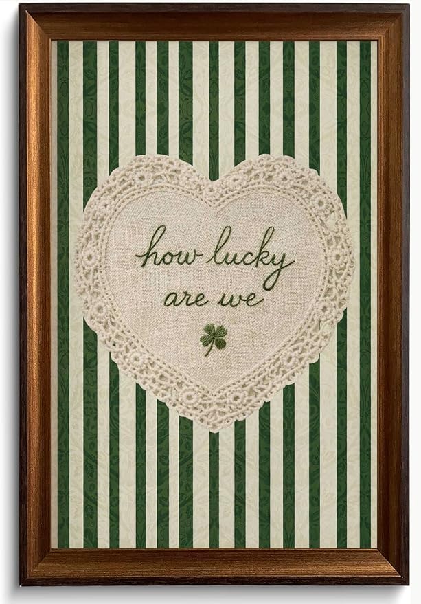 Framed How Lucky Are We Wall Art Vintage Inspirational Quotes Decor Print | Green Striped Lace Heart Aesthetic Painting Poster Trendy Preppy Canvas Picture for Bedroom Collage Ready to Hang 16inx24in