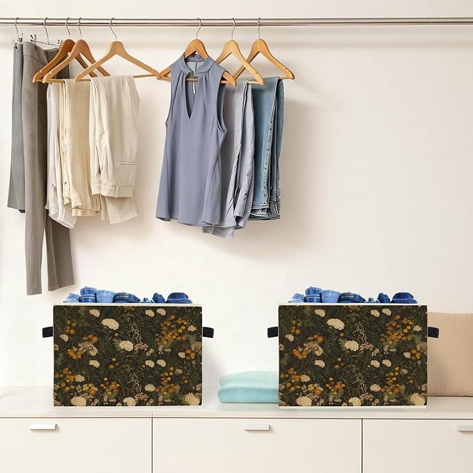 Vintage Rustic Floral Storage Box Bins, Dark Cottagecore Wildflower Collapsible Storage Basket Organizer for Bedroom Laundry Room Home Clothes Books, Decor for Room