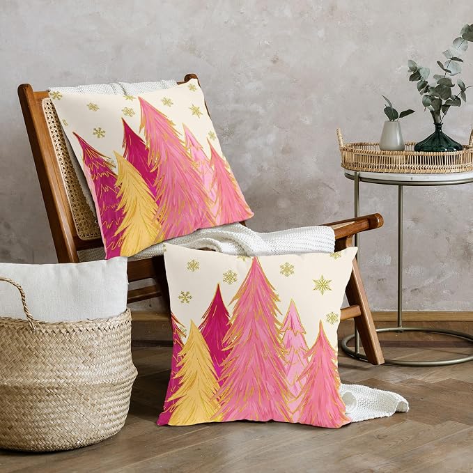 Christmas Pillow Covers 18X18 Inch Set of 2 Hot Pink Xmas Trees Decorative Pillow Cases Golden Snowflakes Cotton Linen Cushion Case Farmhouse Winter Holiday Home Decor for Sofa Couch Bedroom