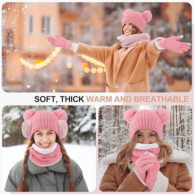 SATINIOR 5 Pcs Winter Hat Scarf Gloves Set Fleece Warm Lined Knit Beanie Hat Touch Screen Earmuff Gloves Warmer for Women(Pink,Cute Style)