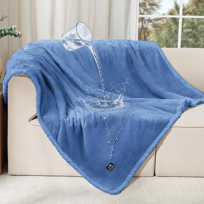 Luciphia Waterproof Blanket for Large Dog, Reversible Sherpa Couch Cover | waterproof pet blanket sherpa fleece reversible couch cover bed protector car from spills scratches, Blue 65" x 57"