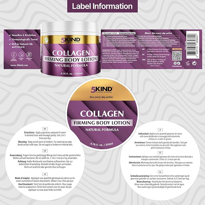 Collagen Cream 6.76 Fl Oz- Natural Collagen Body Lotion for Firmer & Conditioned Skin - Crepe Skin Firming Cream - Collagen Lotion for Women & Men - Crepey skin repair treatment by 5kind