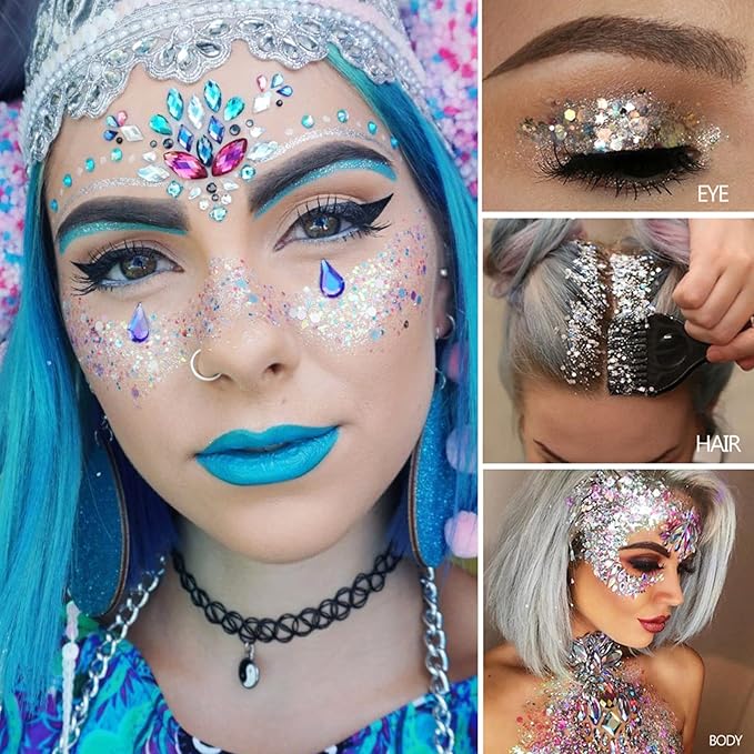 MEICOLY Pink and Clear White Face Body Glitter Set,Pink Face Glitter Gel,Singer Concerts Festival Rave Accessories,Glitter Face Paint for Women Kids,Mermaid Glitter Makeup,Body Glitter for Women