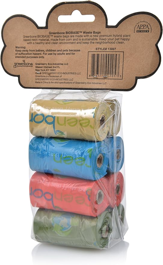 Greenbone Earth Friendly Cat or Dog Poop Bags, Plant Based Leak Proof Dispenser Refill Rolls (8 Rolls)