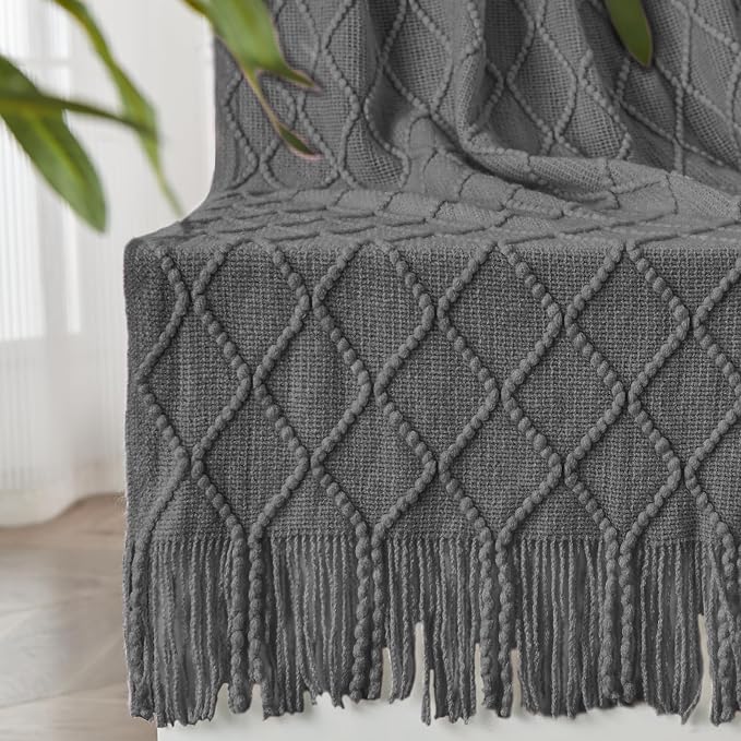 inhand Dark Grey Knitted Throw Blanket for Couch and Bed, 50"x60" | Soft Living Room Home Decor Knitted Blanket, Tassel, Outdoor Lightweight Breathable Summer, Farmhouse Warm Woven Decorative