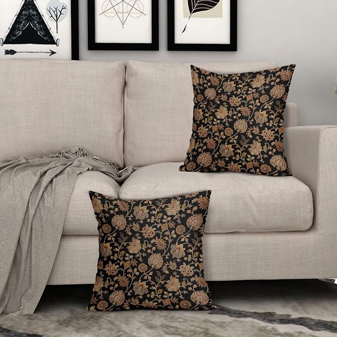 Black Brown Floral Pillow Covers 22X22 Inch Set of 2 Vintage Boho Carpet Flowers Decorative Pillow Cases Leaves Plant Cotton Linen Cushion Case Farmhouse Home Decor for Sofa Couch Living Room