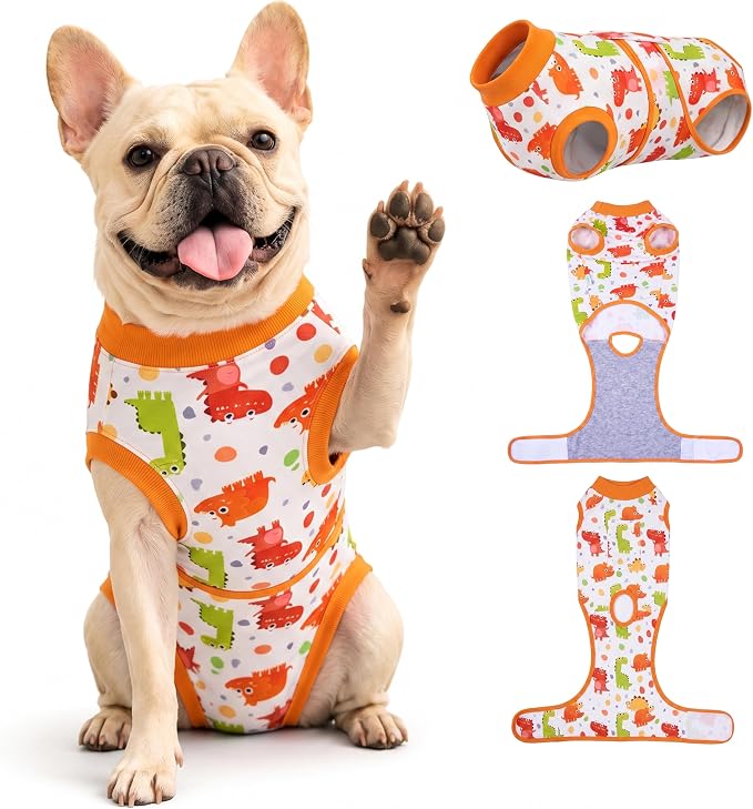 PetWarm Spay Recovery Dog, Onesies for Dogs, Professional Dog Recovery Shirt Abdominal Wounds Bandages Substitute E-Collar and Cone, Dinosaur Pattern, Yellow, XS