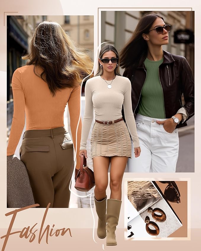 Ficerd 3 Pack Women's Ribbed Long Sleeve Tops, Crew Neck Slim Fit Undershirts Knit Basic Casual Stretch Layering Tee Shirts